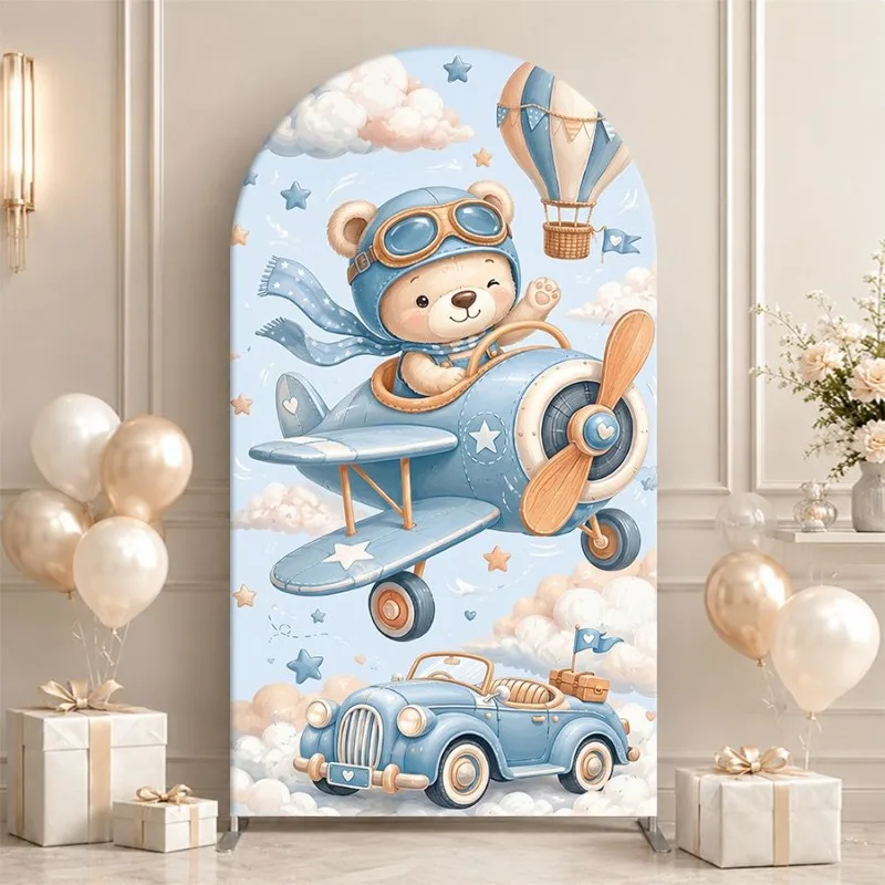 Single Side Arch Backdrop Cover Vintage Airplane Adventure Background Backdrop for Party Decor featuring a Pilot Bear in Blue