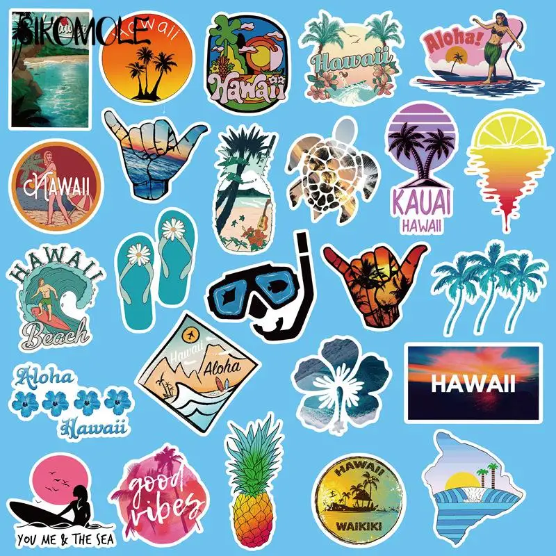 10/30/50PCS Cartoon Outdoor Hawaii Surfing Stickers Summer Tropical Beach Surfing DIY Toys Surfboard Skateboard Decal Sticker F5