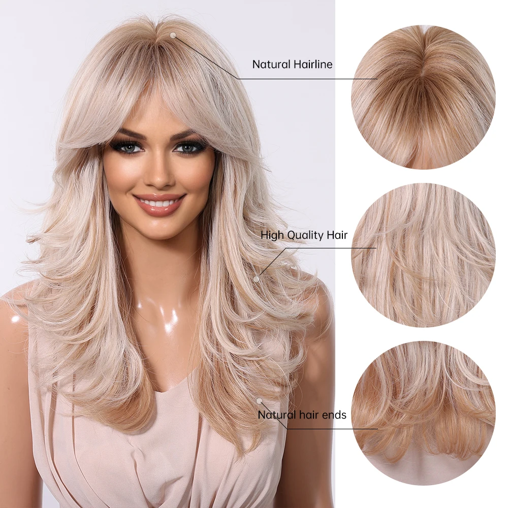 Brown Blonde Ombre Synthetic Wigs for Women Medium Length Wavy Layered Wigs With Side Bangs Daily Party Heat Resistant Fake Hair