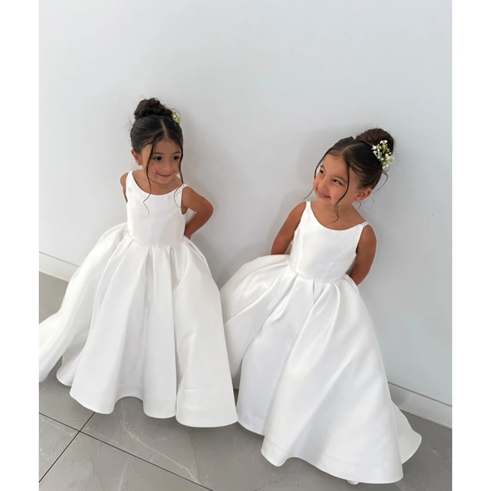 SZHNYLW Simple White Flower Girl Dress for Wedding Satin leeveless Girl Dress with Bow Cute Baby Girl Gown Kid Child Dresses