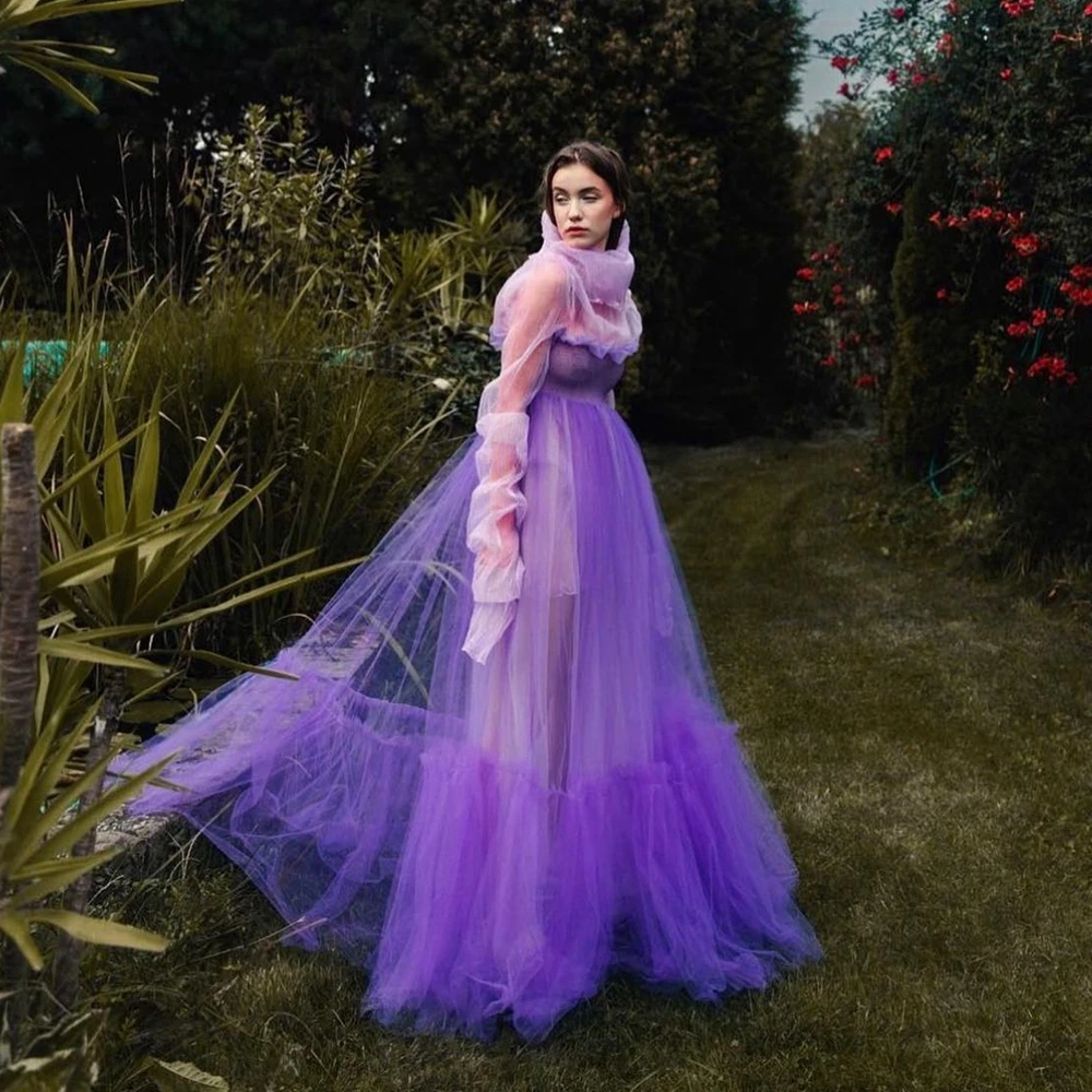 

Garden Mesh A Line Prom Dresses See Thru Illusion Ruffles Tulle Formal Party Gowns Puffy Floor Length Women Summer Dress