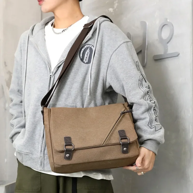 Mochila Horizontal de lona para hombre, bolso cruzado de un solo hombro, Retro, Simple, de gran capacidad, informal, nuevo