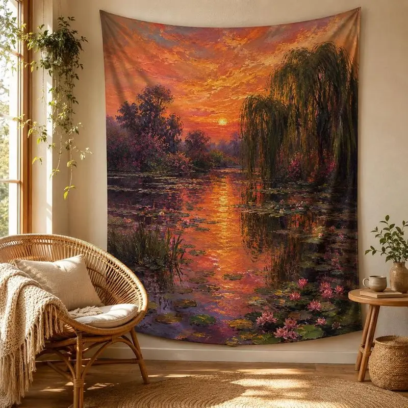 VIKAMA Monet Sunset Water Lily Willow Oil Wall Tapestry Orange Purple Pond Flower Tree Reflection Impressionist Painting Bedroom