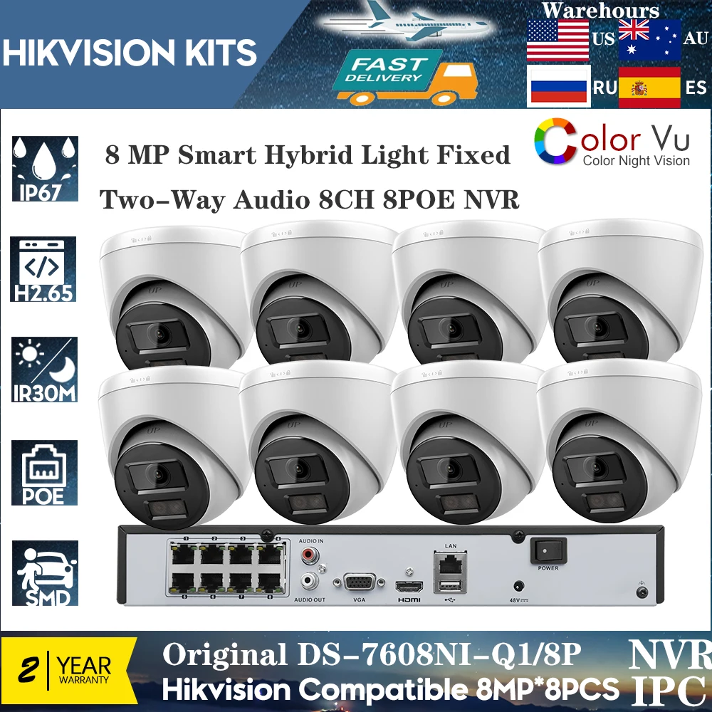 Hikvision 4K 8CH 8POE DS-7608NI-Q1/8P Two-Way Audio NVR 8MP Smart Hybrid Light OEM hikvision compatible Network Camera Kits