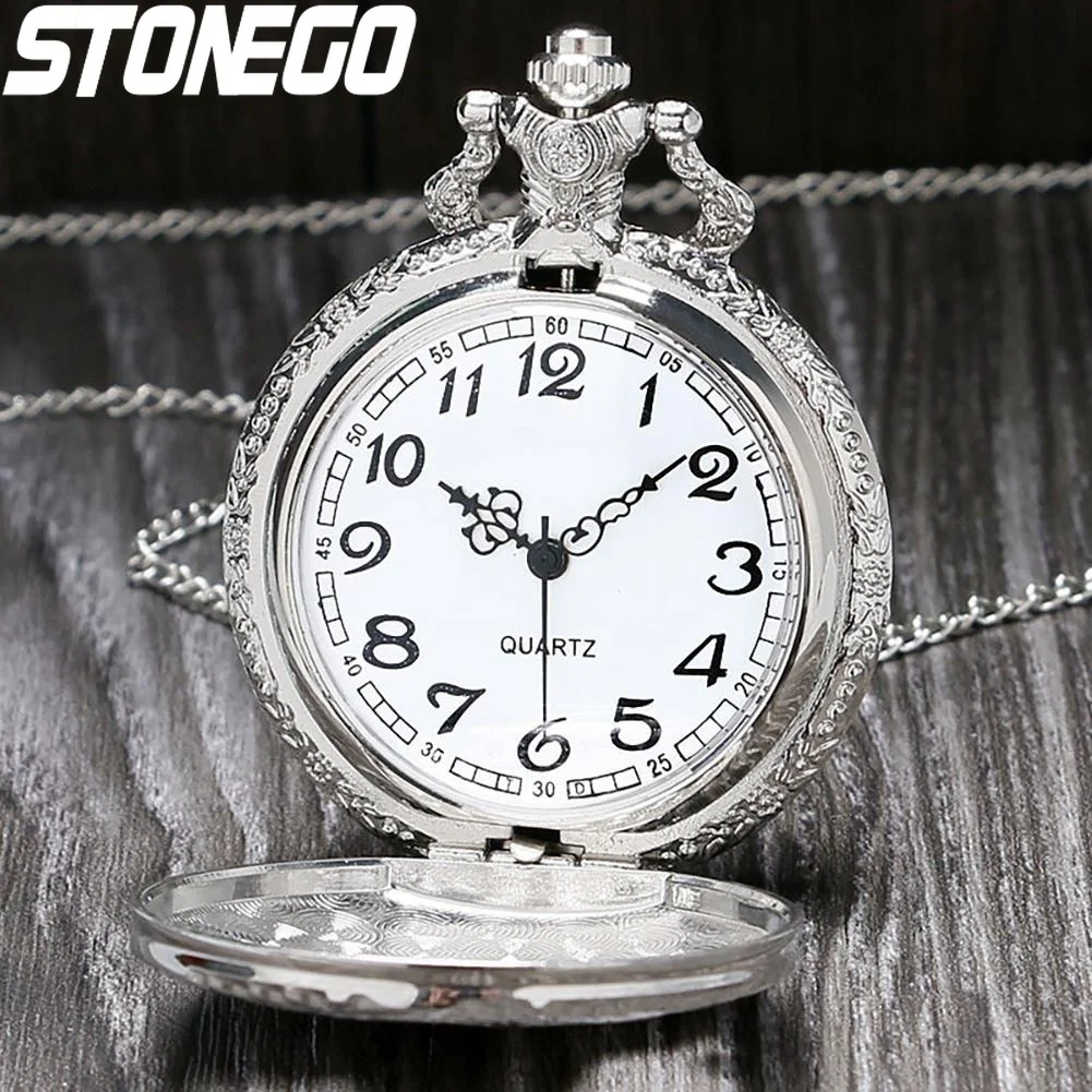 

Vintage Steam Train Antique Chain Quartz Pocket Watch Round Skeleton Case Roman Numerals Locomotive Pendant Watch