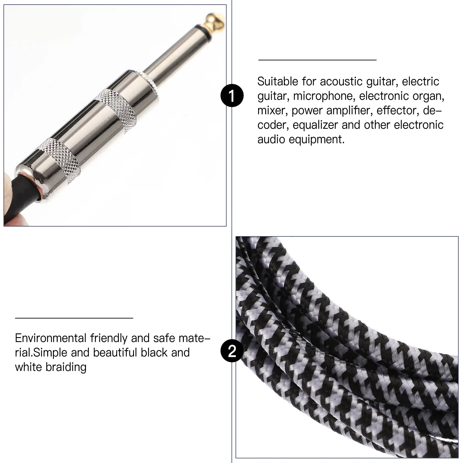 

Premium Braided Guitar Cable 6.35Mm Right Angle To Straight Black White Durable Woven Jacket Professional Audio Instrument