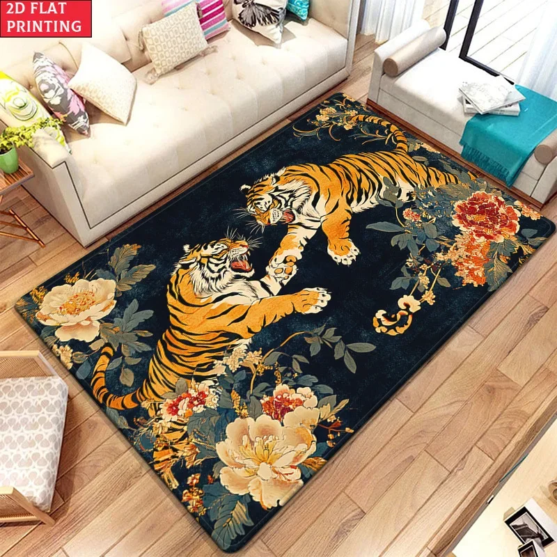 Vintage Chinese Tiger and Peony Print Flannel Area Rug, Non-slip Soft Floor Mat for Bedroom Living Room Home Decor