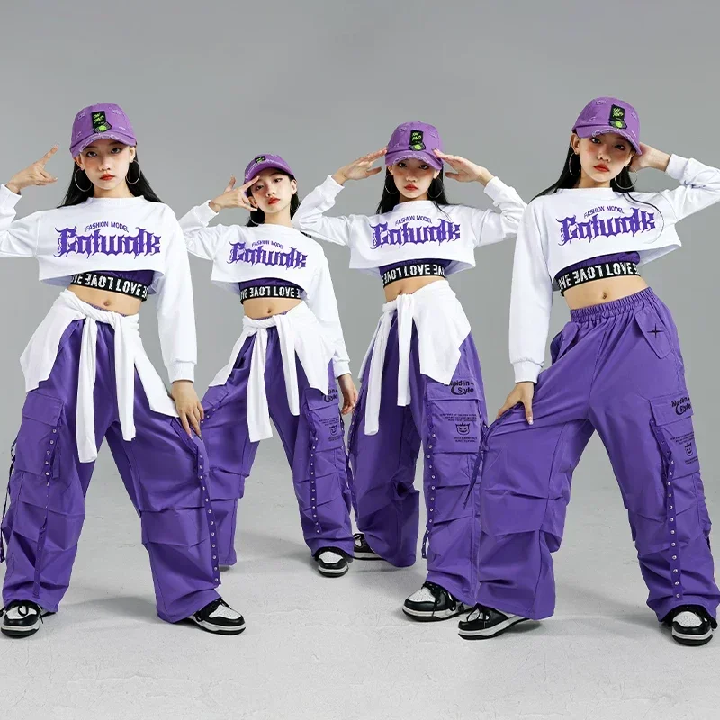 Tenues de danse de rue pour enfants, Streetwear pour enfants, ensembles de vêtements de Jazz de groupe, Hip Hop pour filles, mode K-pop, haut court, pantalon Cargo violet