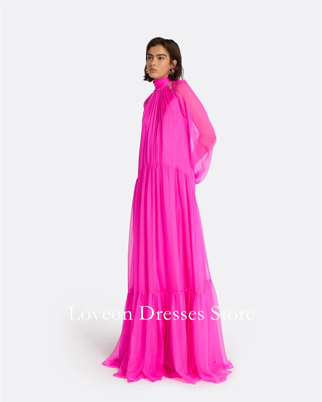 Col haut Rose rouge manches bouffantes robe en mousseline de soie robes de soirée formelles Style arabe personnalisé élégant bal growns fête femmes