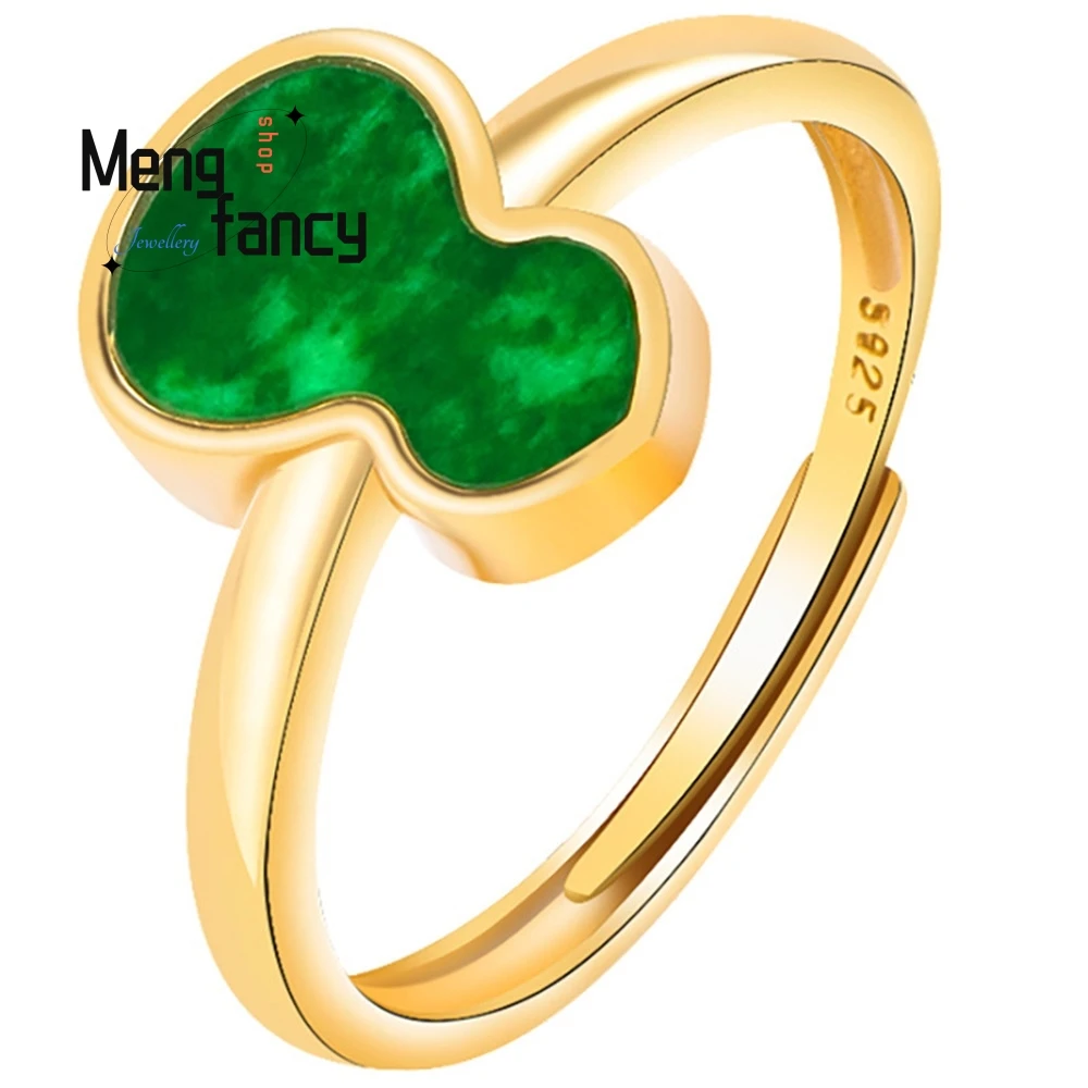 البورمية الطبيعية A-الصف الجاديت الأزرق والأبيض القرع الدائري الجليد نوع اليشم S925 الفضة مطعمة خاتم عصري للنساء قابل للتعديل