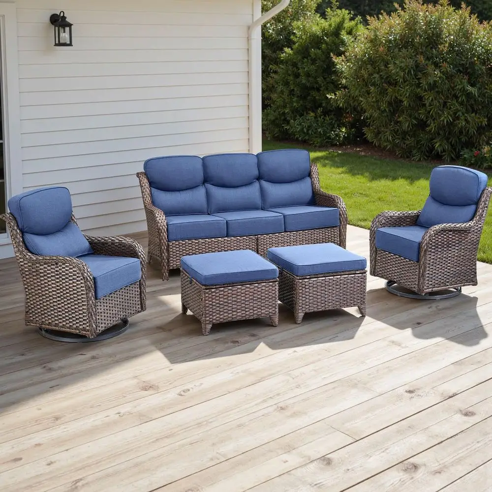 

Wicker Outdoor Patio Furniture Set 5 Piece Patio Conversation Sets with Swivel Rocker Chairs, Ottomans and Sofa, 6 inch Cushion