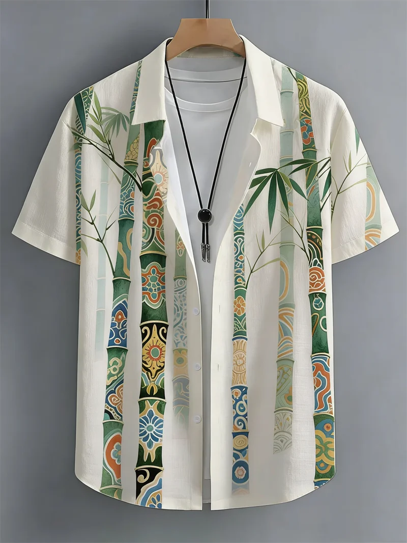 New Chinese style landscape ancient architecture men's short sleeved shirt linen Chinese style lapel casual shirt