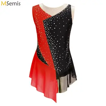 ชุดเต้นรำสำหรับเด็กผู้หญิงชุดเล่นสเก็ตชุดเดรสเต้นรำชุดเล่นยิมนาสติกชุดเล่นยิมนาสติกแขนกุดประดับพลอยเทียม