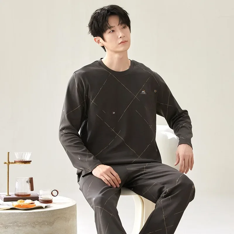 2Pcs Set Cotton Men's Long Sleeves Nightwear Autumn and Spring Pajamas Set Korean Fashion Loungewear L-3XL Pjs Pyjamas Hombre