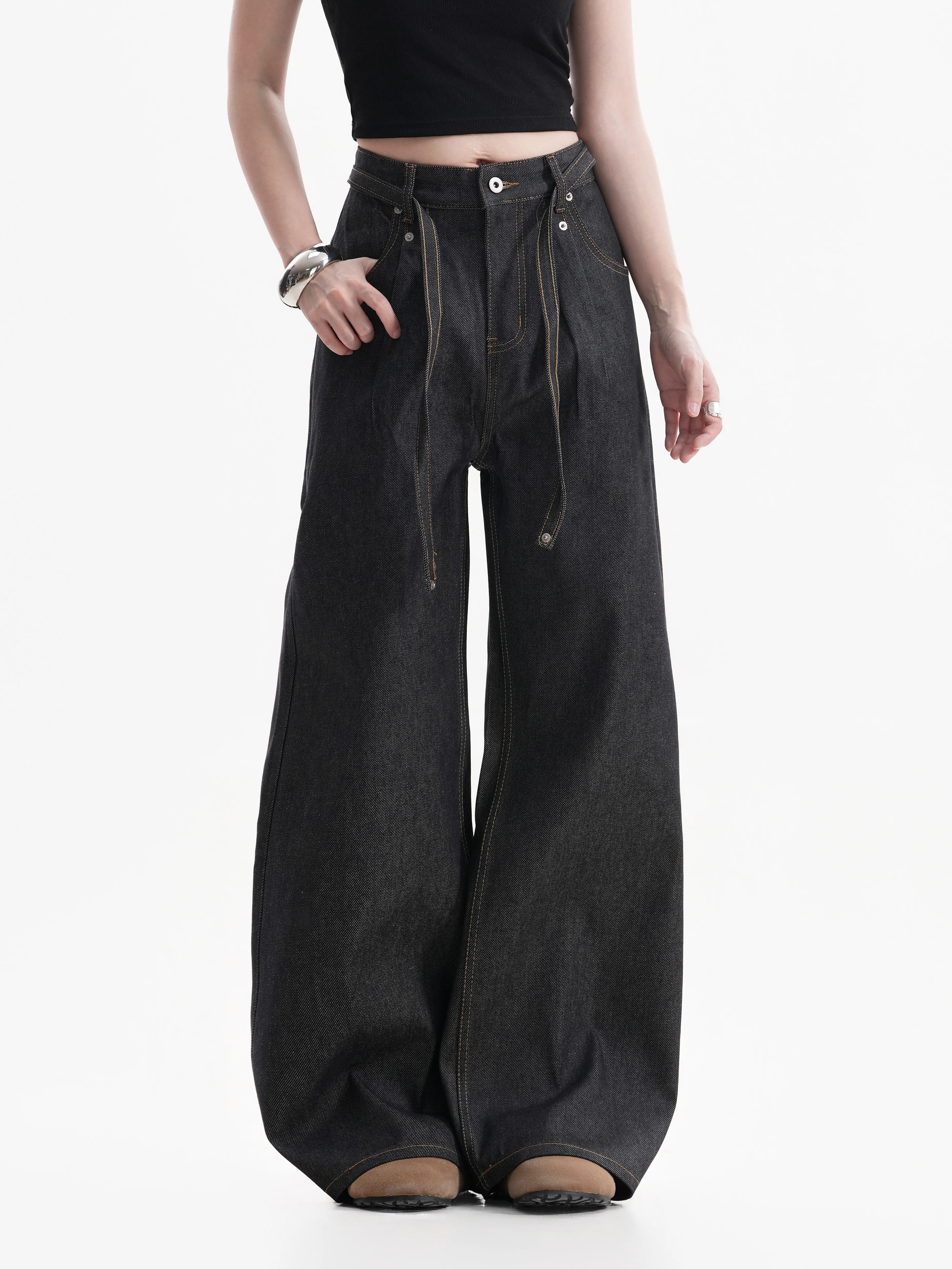 Retro American Washed Denim Jeans Belted Bright Thread Old Fashioned Wide Leg Pants Casual Style Natural Waist Youth Jeans