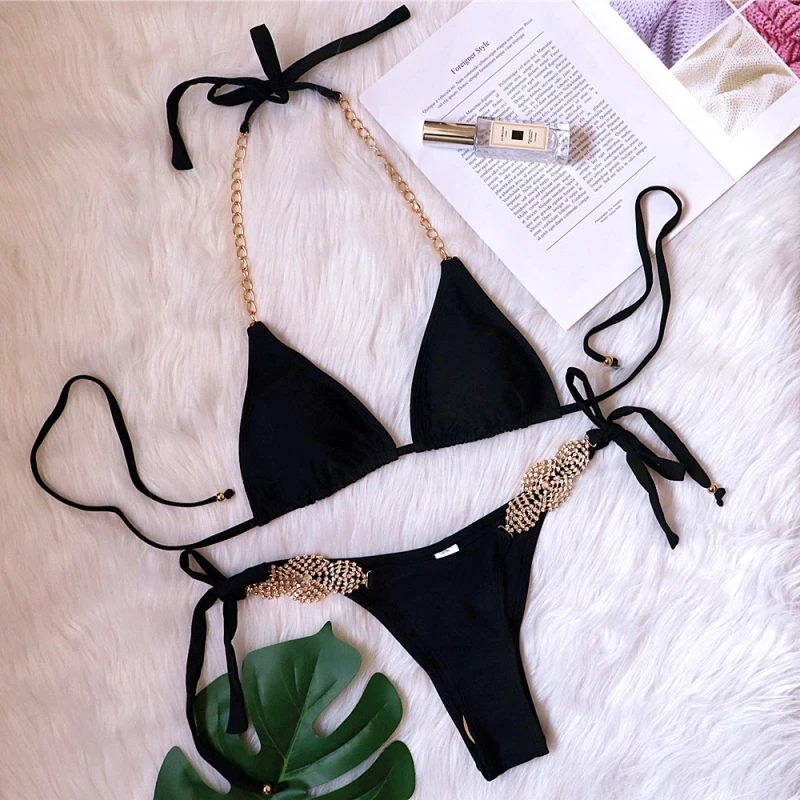 Luxurious Rhinestone Bikini Solid Color Sexy Tie Swimwear Vacation Swimsuit