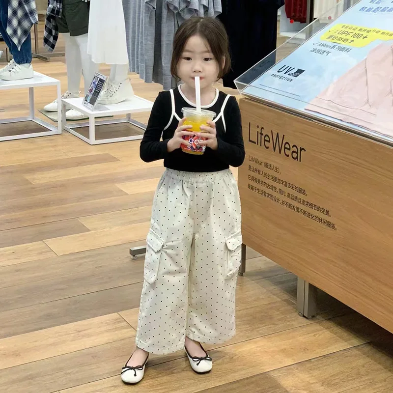 

Детский корейский костюм, осень 2024, новая коллекция, хлопковая футболка с длинными рукавами для девочек, кофта, повседневные рабочие брюки в горошек, комплекты