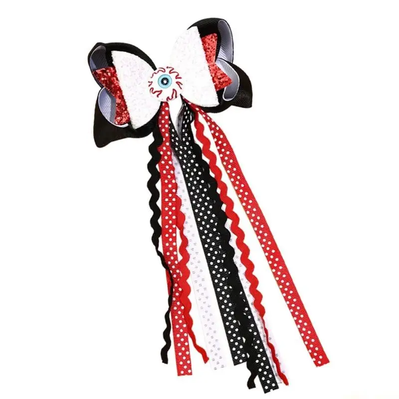 31BF Halloween Ribbon Hair Bows Long Tail Hair Barrettes Halloween Hair Accessories