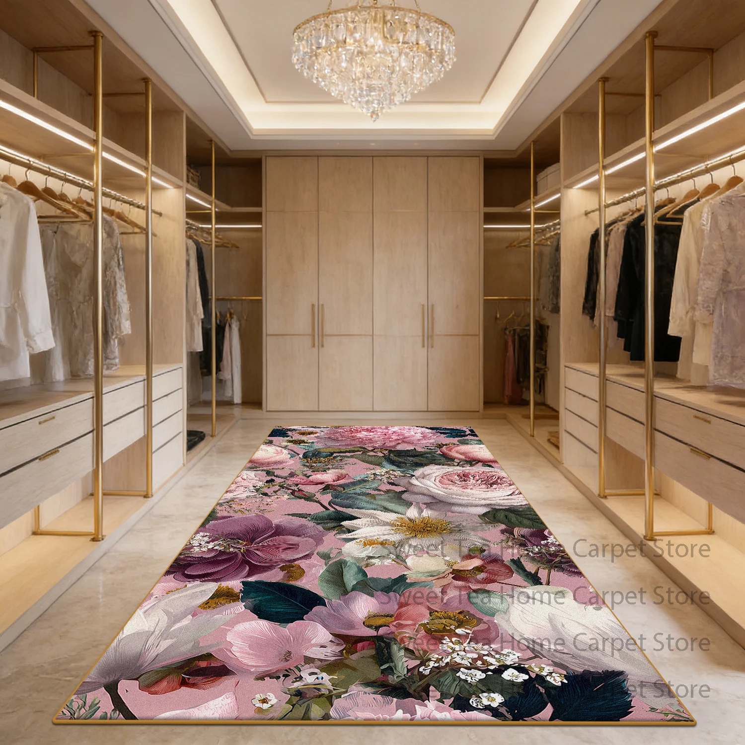 Retro Pink Peony Floral Cloakroom Large Area Rug Decoration Living Room Bedroom Washable Non-slip Mat Soft Fluffy Office Carpet