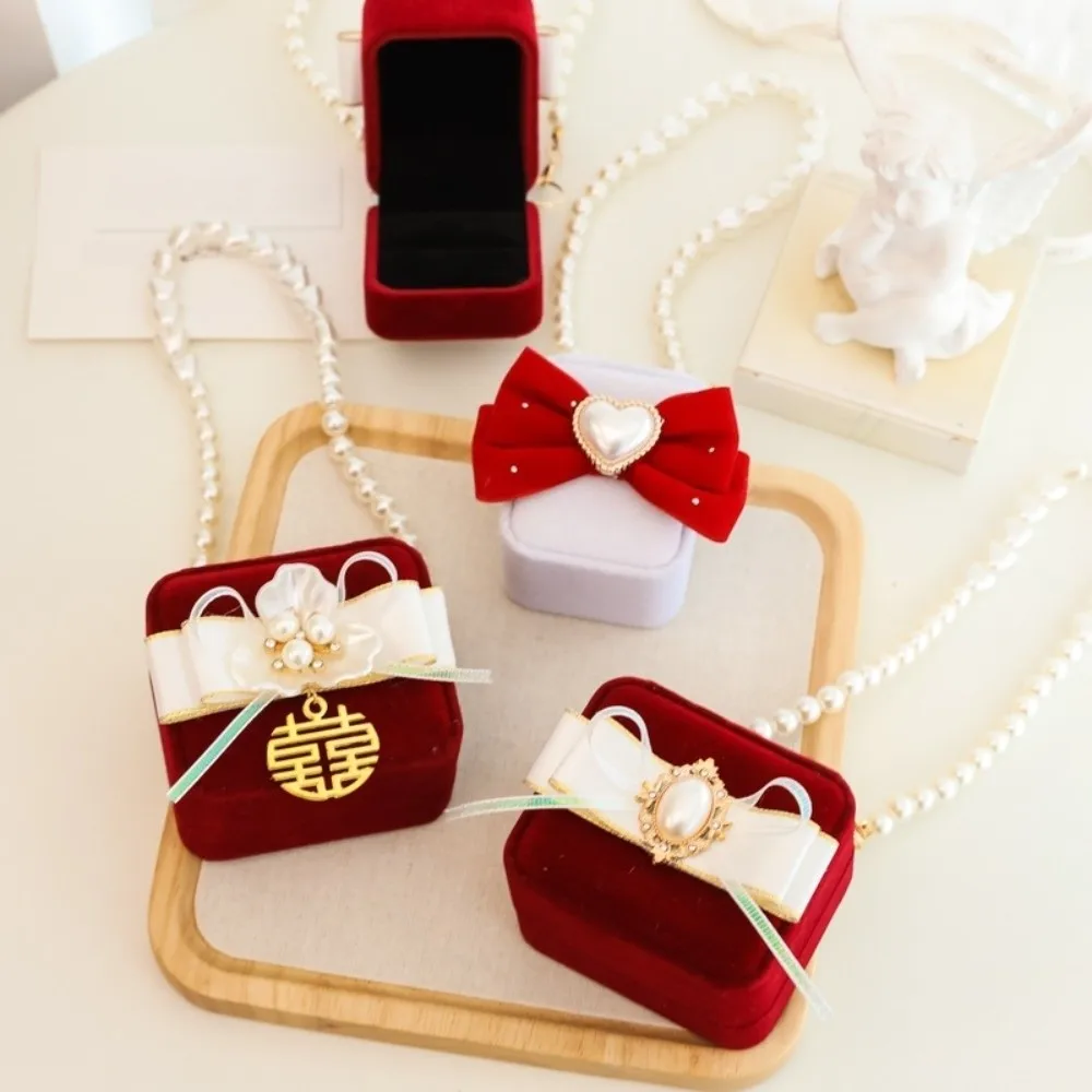 

Creative Pearl Wedding Couples Rings Box Heart Flocked Pets Collars Ring Box Anti-collision Bow Jewelry Box Marriage Anniversary