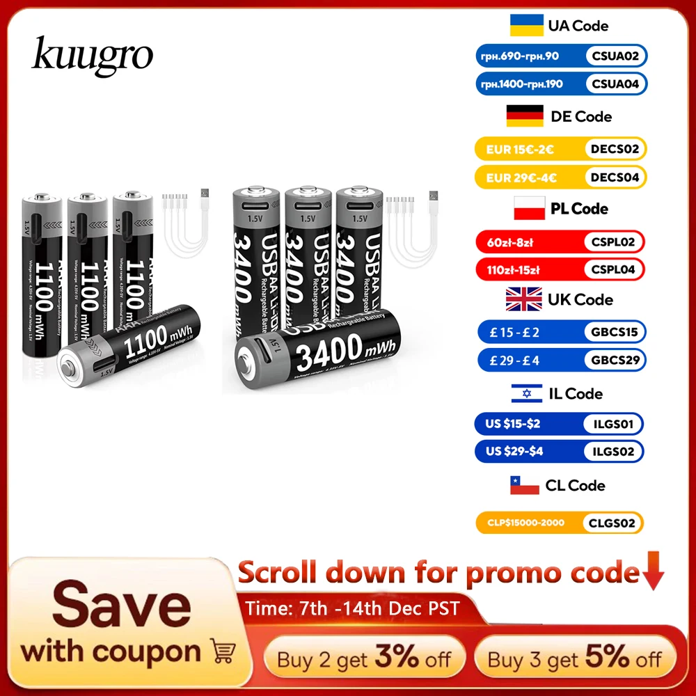 Kuugro Li-ion AAA and AA Rechargeable Batteries USB Lithium-ion 3400mWh 1.5V AA Rechargeable Batteries+1100mWh 1.5V AAA Battery