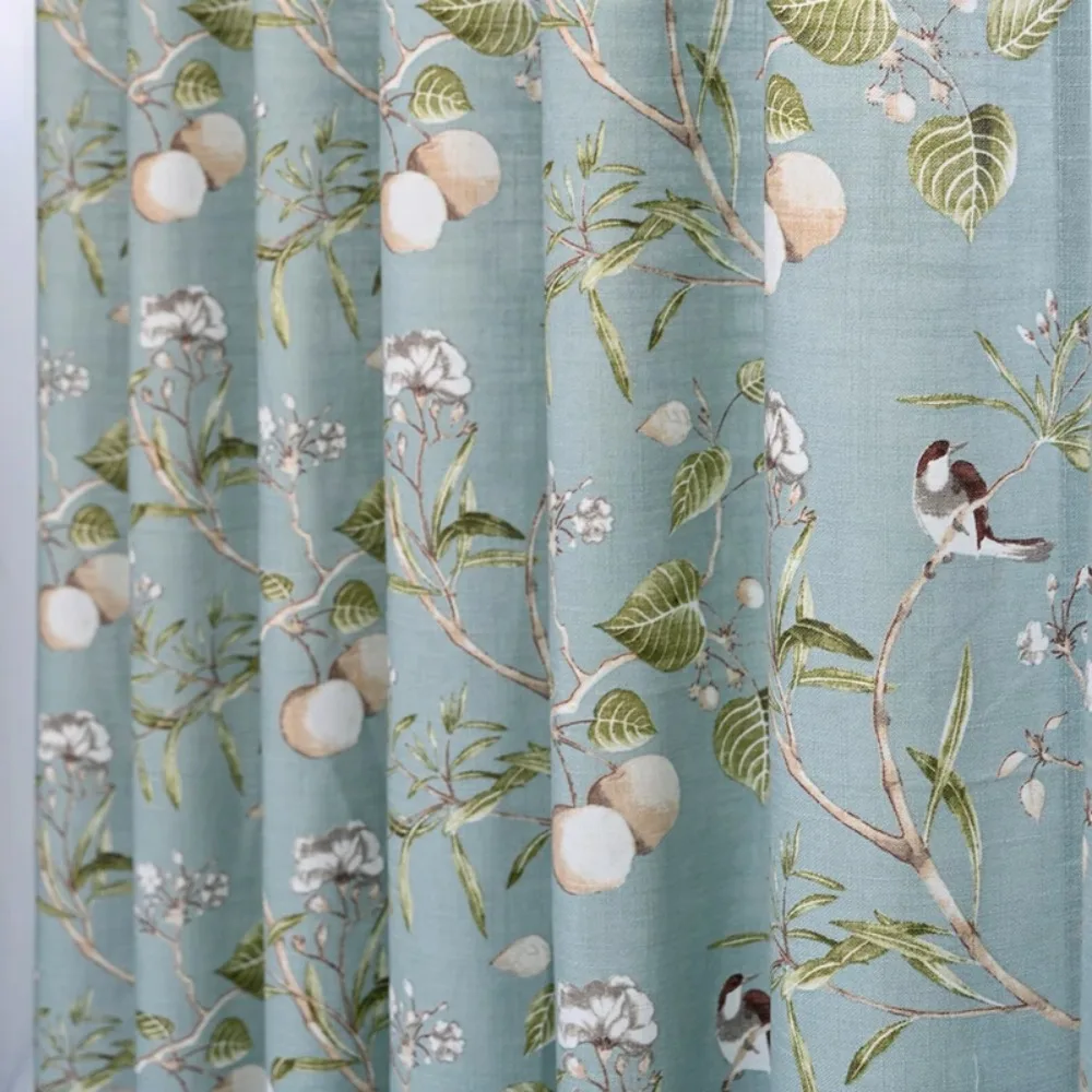American Retro Bird and Flower Semi Blackout Curtains Blue &Green Cotton and Linen Drapes For Living Room Bedroom Home Decor 1PC