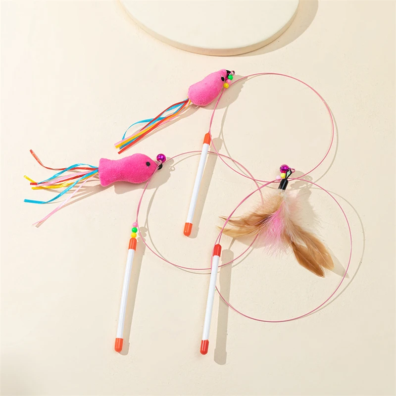 Cat Teaser Toy Feather Mouse Fish Anti-boring Wand Toy Interactive Toy with Bell