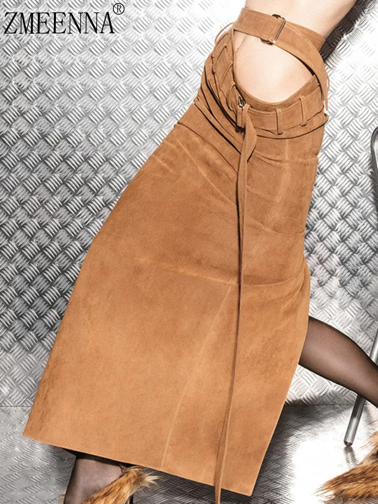 

ZMEENNA Elegant Skirt For Women Stylish Brown Color With Asymmetrical Buckle Belt And Thigh High Slit Design ZM4123