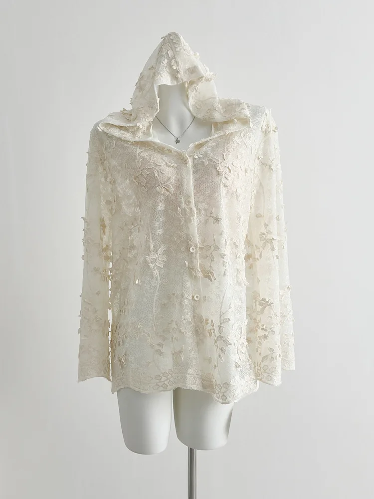 

Тяжелая вышивка с блестками 3D кружевная рубашка Французские весенне-осенние рубашки с капюшоном и длинными рукавами Блузка Повседневный пляжный кардиган Топы