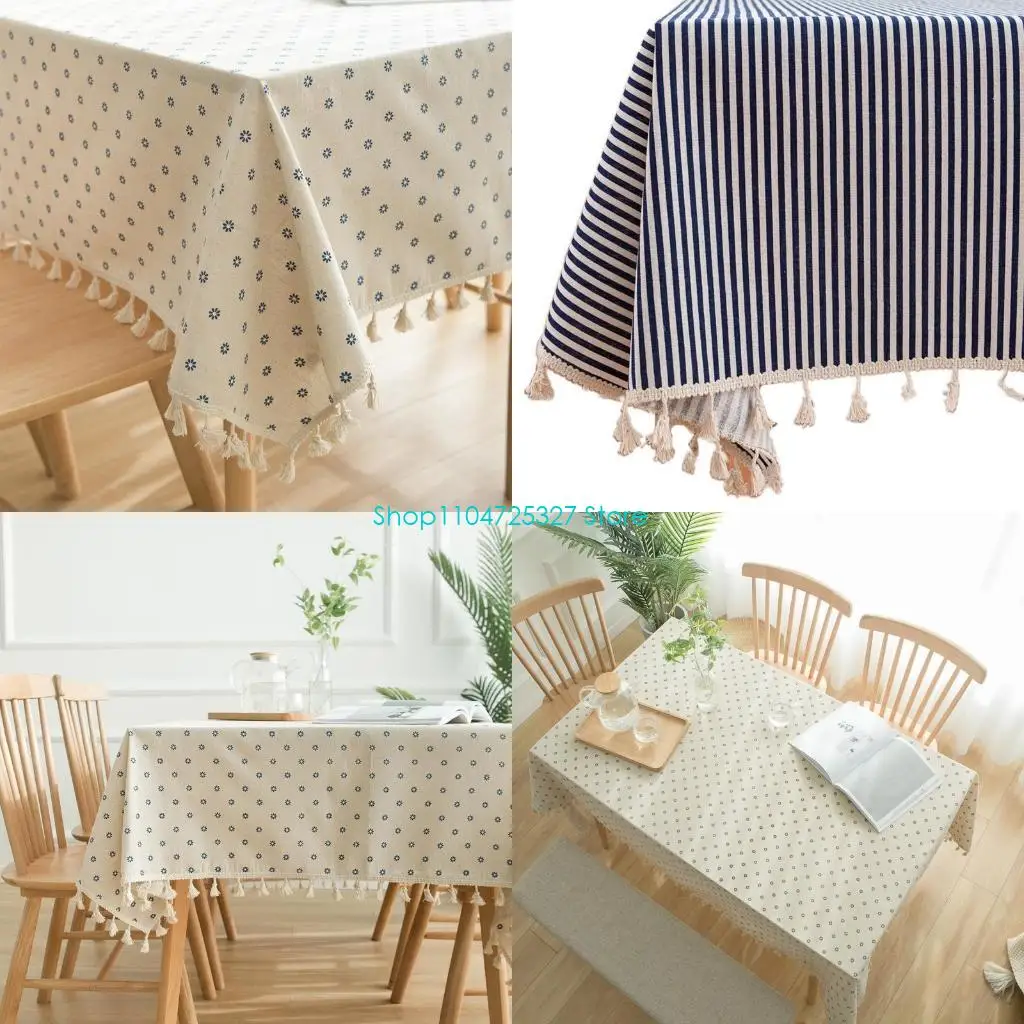 

D8KF винтажная скатерть в пасторальном стиле с бахромой и кисточками, ромашка, цветочные полоски, хлопково-льняная пылезащитная