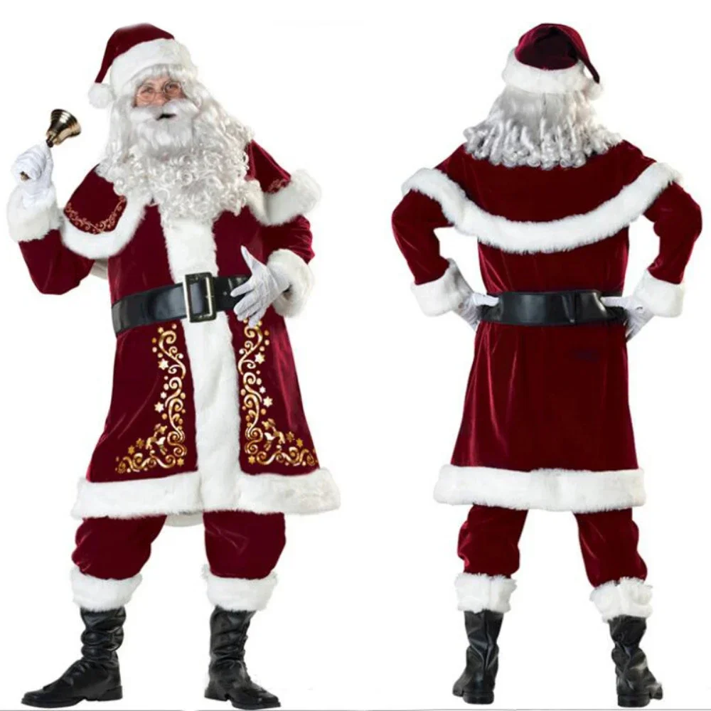 Kerstman Cosplay Kostuum Luxe Kerst Jurk Up Rode Outfit Voor Volwassen Pak Voor Mannen Nieuwjaar Kerst Feest Podium Vermomming