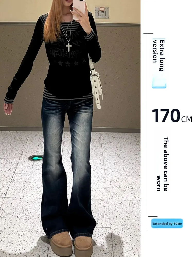 

American Design Thiened Bell Bot Jeans Women's Autumn Winter Low Waist ket Casual Blue Hoof Pants