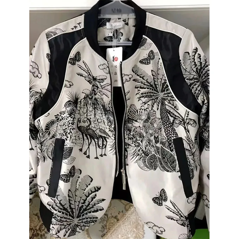 Women's Jacket 2024 New Lined Stand Up Collar Contrasting Color PatchworkVersatile Ink Dyed Printed Short Jacket Coat For Female