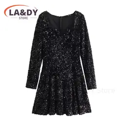 Elegance Party Dresses Women 2024 Fashion Sequin V-Neck Female Solid Color Casual Long Sleeve Black Dress Ladies