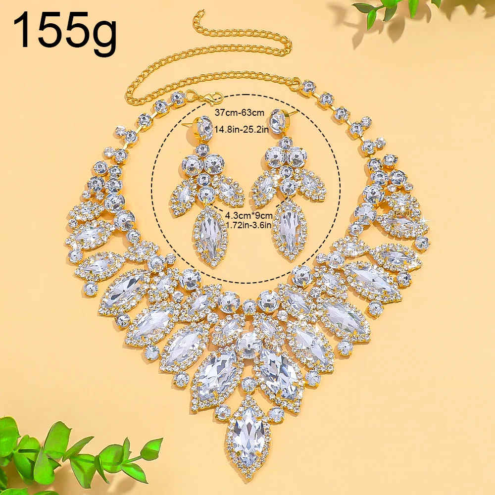 Exaggerated Leaf Necklace Earrings Sets Bridal for Women Gift Colorful Rhinestone African Jewelry Set Nigerian Wedding Costume