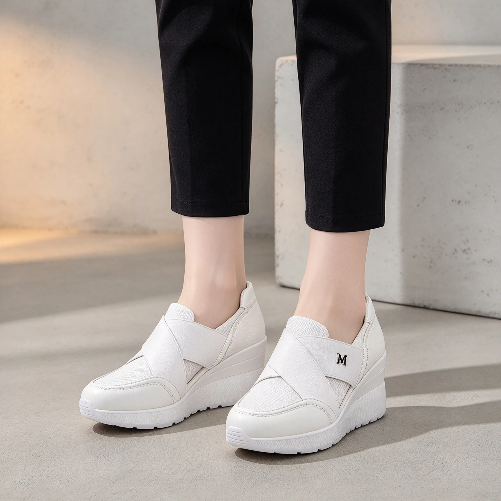 Women's Fashion Casual Sneakers, Letter Low-top Slip-on Women Shoes, Wedge Heel Elevated Outdoor Shoes with Cross Strap Design