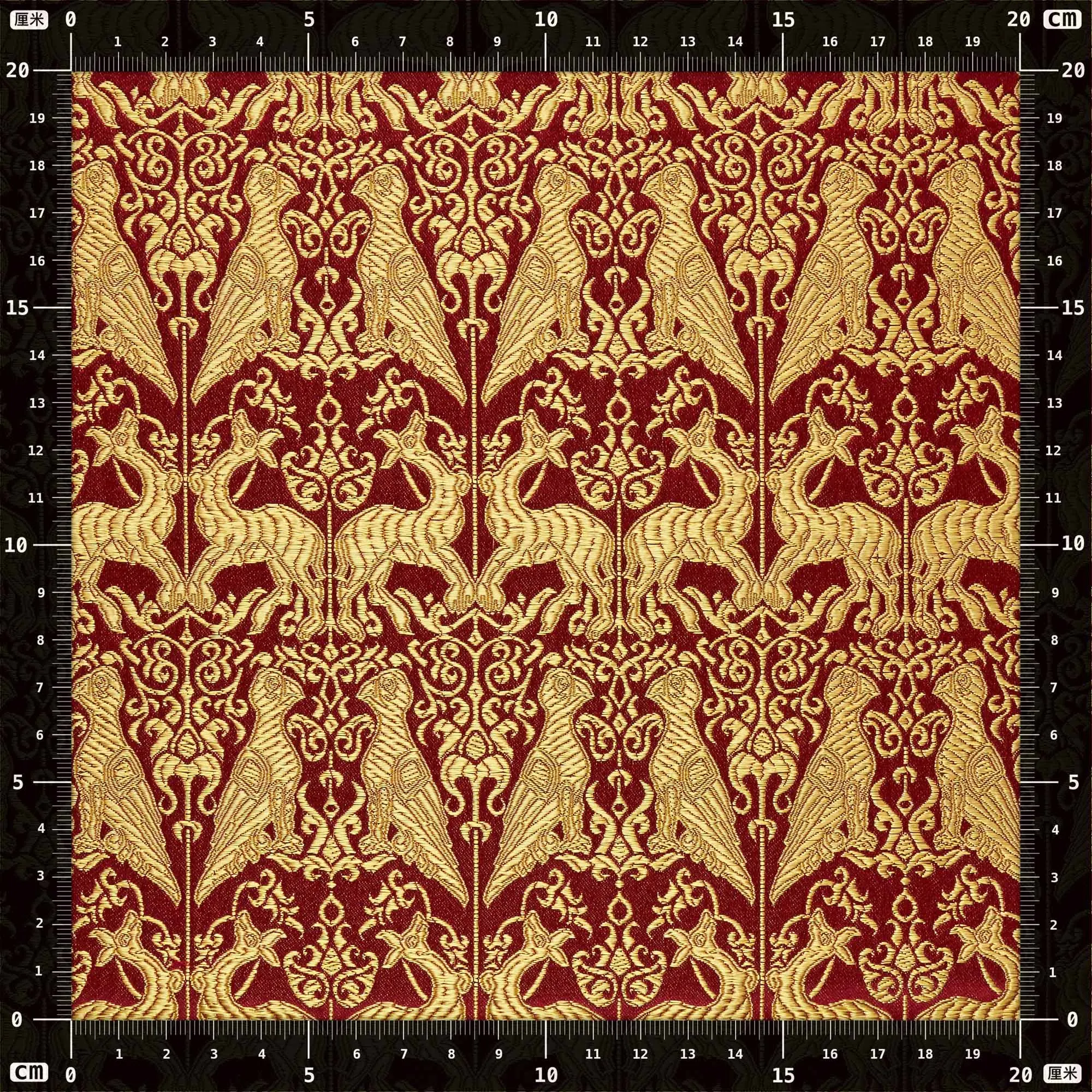 Red ground gold spirit bird deer jacquard woven brocade Chinese style dress fabric