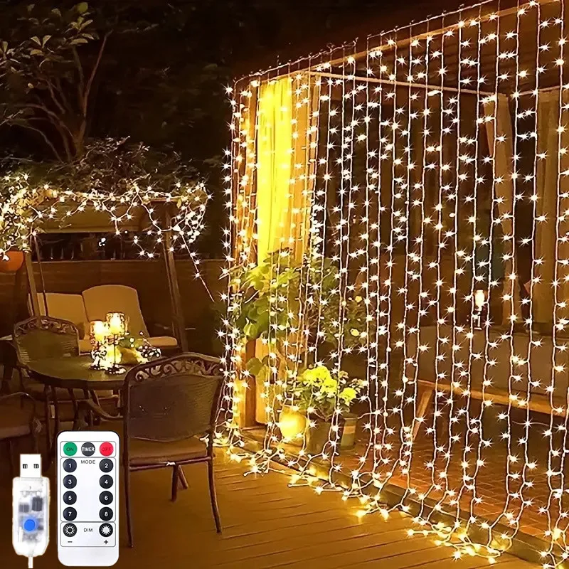

Christmas LED Curtain String Lights USB Powered with Remote Control Wedding Indoor Bedroom Window Decoration Holiday Lighting