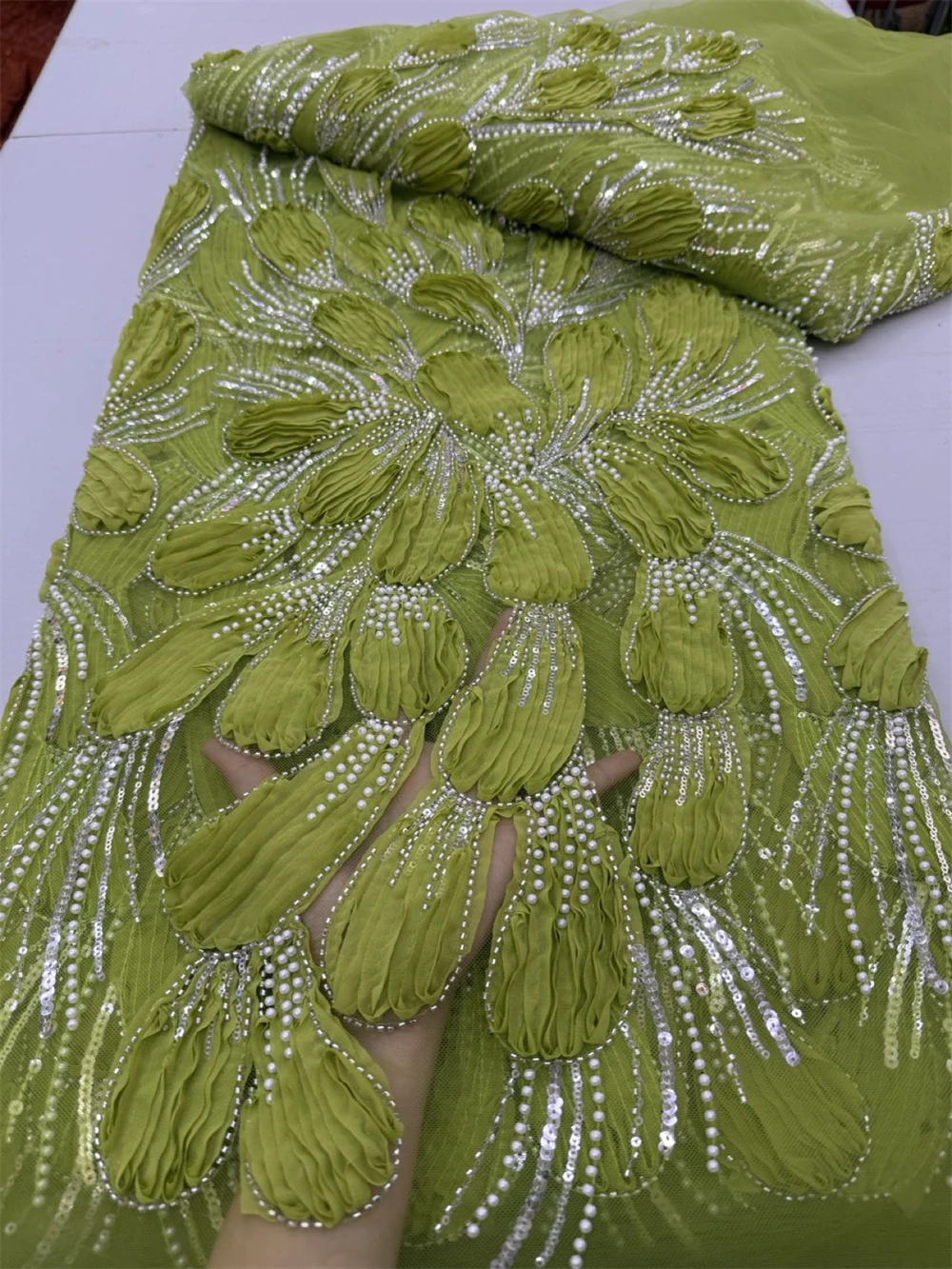 

Green Elegant African 3D Beaded Lace Tulle Fabric 2025 French Sequins Embroidery Chiffon Lace Fabric For Dress Wedding Material
