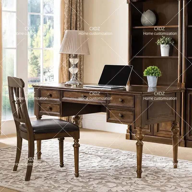 Simple All Solid Wood Desk and Chair Set Home Study Modern Medieval Style Computer Table Writing Desk
