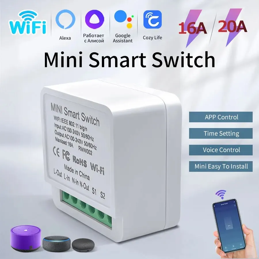 16A/20A WiFi Mini Smart Switch Module 2-way Control Cozy Life APP Remote Control for Alexa Google Home Automation Voice Control