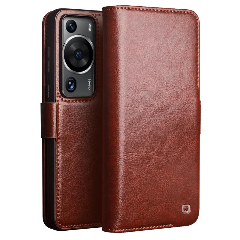 Qialino Brand For Huawei P60 Pro Premium Real Leather Genuine Natural Cowhide Flip Phone Cover Vintage Magnetic Business Case