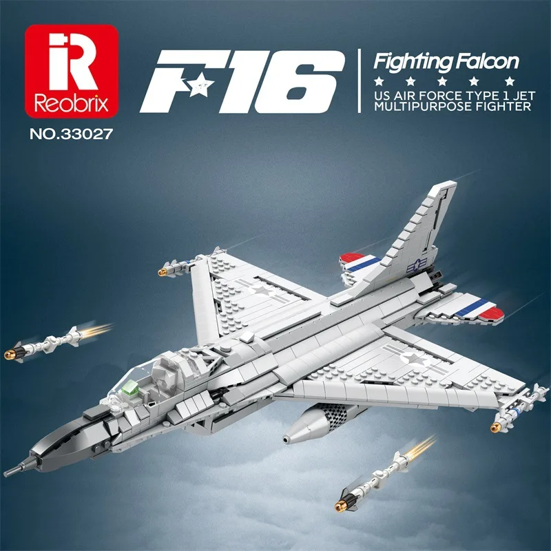 Reobrix 33027 F-16 Fighting Falcon Fighter Model Military Series DIY Puzzle Toys Building Blocks Boy Christmas Gift 1427PCS