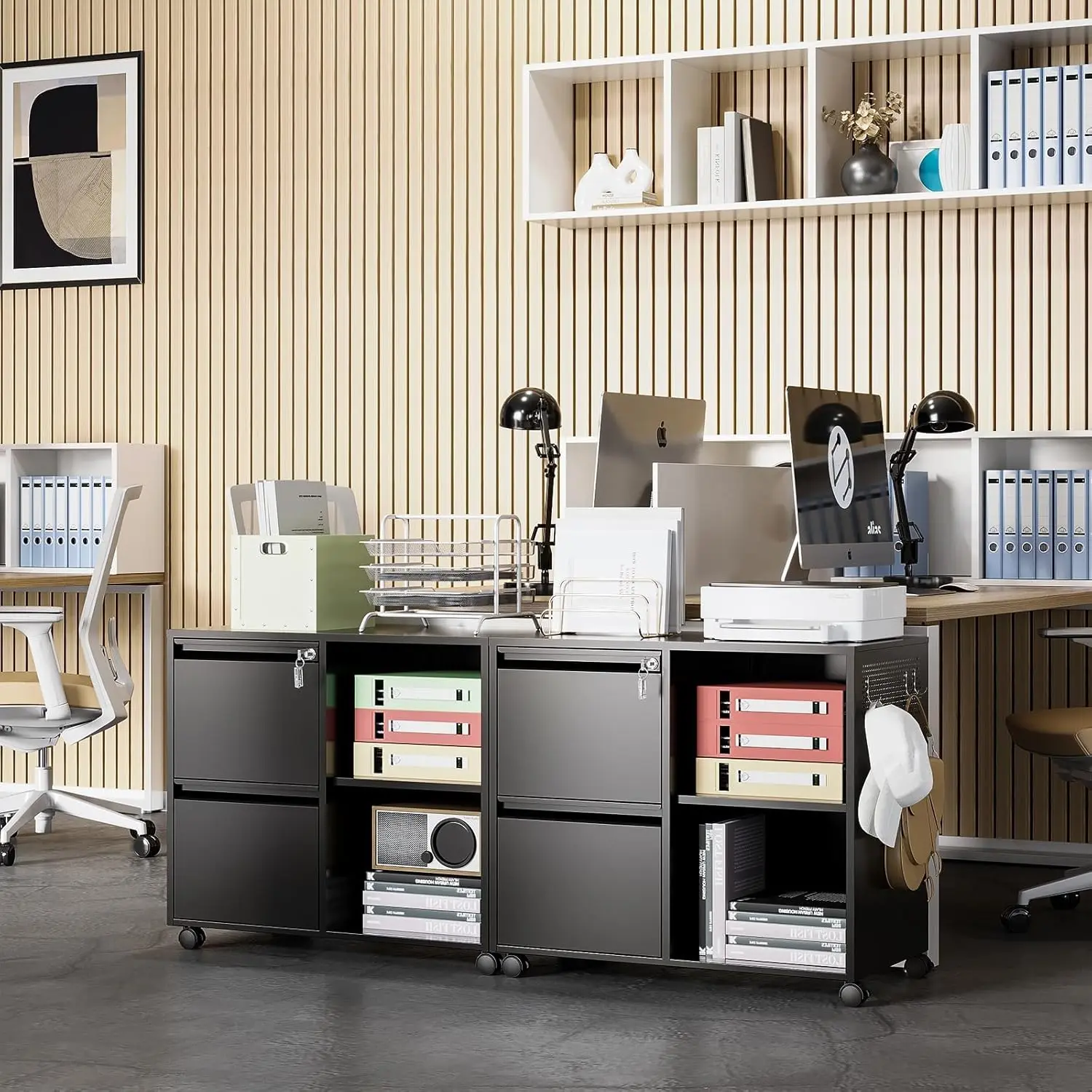 Lateral 2 Drawer Filing Cabinet with Lock, Mobile File Cabinet on Wheels, Printer Stand with Storage for Letter/A4 File Folders