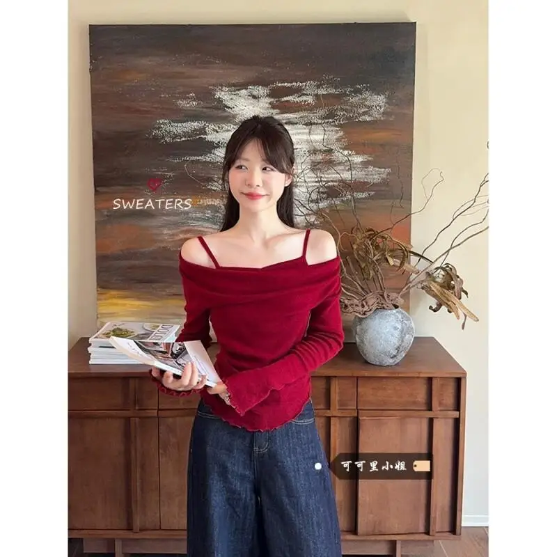 

Женский вязаный свитер-пуловер с эффектом двухслойности, открытыми плечами, длинными рукавами, модный топ с оборками, базовый слой для осеннего сезона