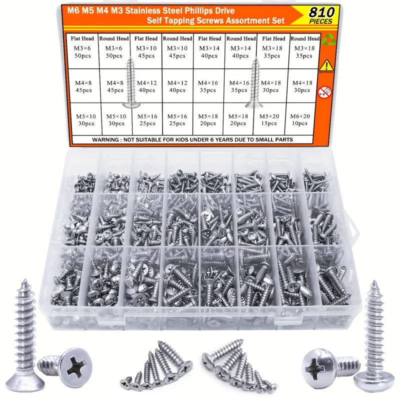 

304 Stainless Steel Wood Screws Assortment Kit M3 M4 M5 M6 Self Tapping Screws Set Phillips Truss Flat Head for Deck Drywall Met