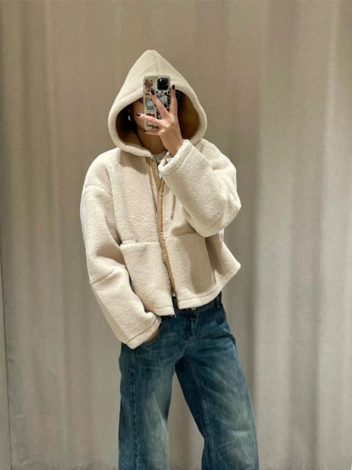 Witte Fufu Koreaanse Sle Fluffy Hooded of Lamsvachtjas Dames Thiened Buitenkleding Commute Sle Loose Fit Lange Sve