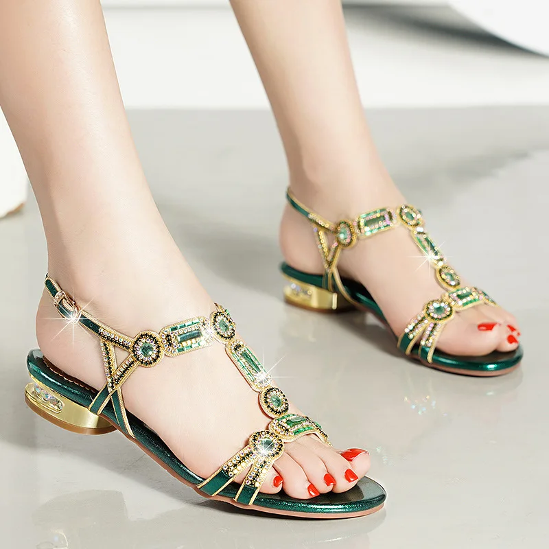 WUYAZQI Summer new leather ladies sandals rhinestone low heel sandals flat bottom clip toe thick heel flowers luxury sandals Q8