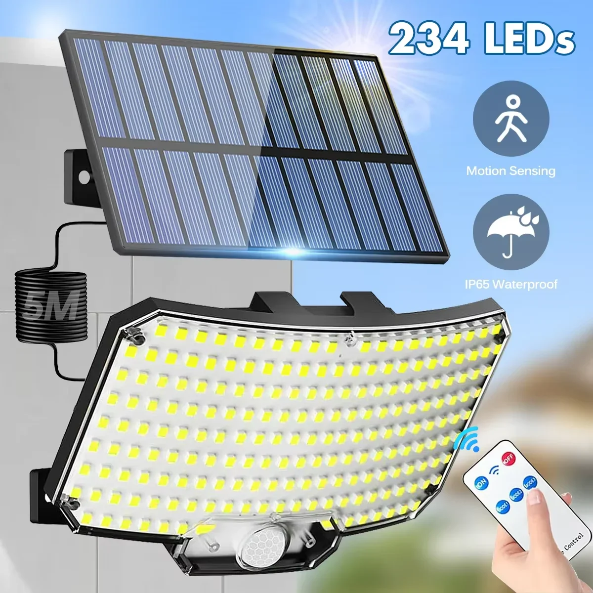 256 أضواء LED تعمل بالطاقة الشمسية في الهواء الطلق مع مستشعر حركة كابل 5 متر IP65 أضواء أمنية مقاومة للماء لإضاءة المرآب في الفناء #2