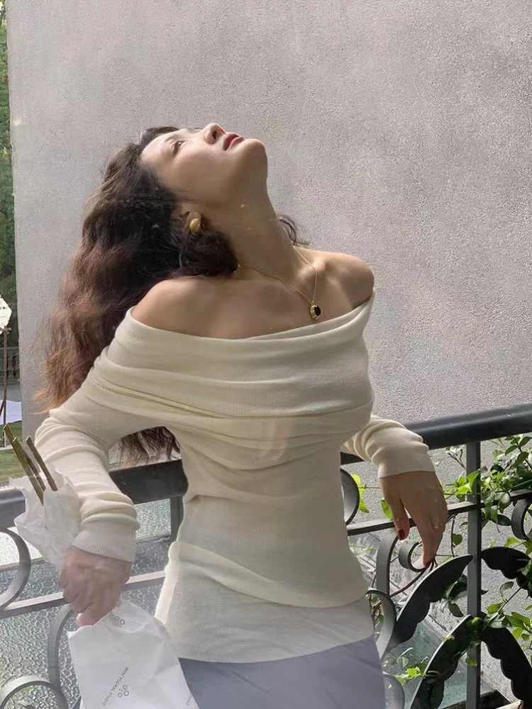 Suéter con cuello oblicuo para mujer, Tops tejidos ajustados básicos que combinan con todo, Sexy, elegante, con hombros descubiertos, Otoño Invierno, jerséis de manga larga para mujer